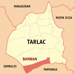 Map of Tarlac with Bamban highlighted