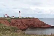 A lighthouse on a red bluff