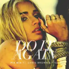 Mia is seen touching her nose with her thumb, while facing the right side over a yellow filter. The song title is written in italics underneath, along with the artists' names.