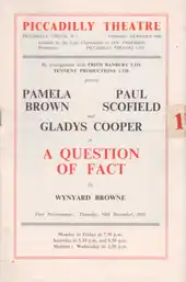 programme cover for A Question of Fact, naming the play and the stars, Pamela Brown, Paul Scofield and Gladys Cooper