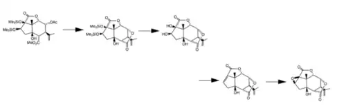 Begin with methyl (1S,4S,5R,7R,8S,9R,10R,11R)-10-(acetyloxy)-7-hydroxy-11-methyl-3-oxo-9-(prop-1-en-2-yl)-4,5-bis[(trimethylsilyl)oxy]-2-oxatricyclo[5.3.1.04,11]undecane-8-carboxylate.  (1) Intramolecular transesterification, releasing methyl acetate; then (2) deprotection of a trimethylsilyl-protected vicinal diol, followed by (3) reductive dehydration to an olefin, and (4) stereospecific epoxidation to a glycidic ester