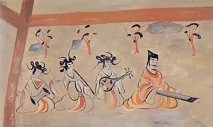 An early depiction of pipa player in a group of musicians. From the Dingjiazha Tomb No. 5, period of the Northern Wei (384-441 A.D.)