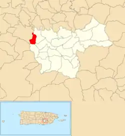 Location of Piedras within the municipality of Cayey shown in red