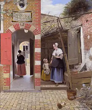 Pieter de Hooch, Courtyard of a House in Delft, 1658, a study in domestic virtue, texture and spatial complexity. The woman is a servant.