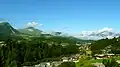 from Fieberbrunn to the west, view of Pillerseetal, the Kitzbüheler Horn (left), Wilder Kaiser in clouds (right)