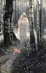 Painting of the Virgin Mary and the infant Jesus in a forest