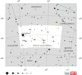 Diagram showing star positions and boundaries of the Piscis Austrinus constellation and its surroundings