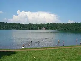 Beach at Lake Bouchet, with restaurant on the far side