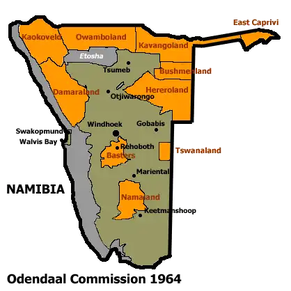 Allocation of Land to bantustans according to the Odendaal Plan. East Caprivi is in the top right corner.