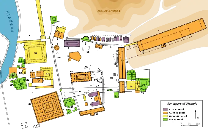 Plan of the Olympic site at ancient Olympia, Greece