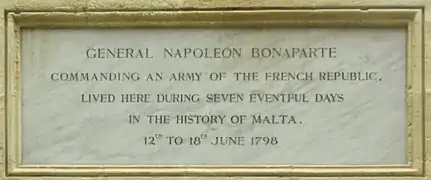 Plaque commemorating Napoleon's stay