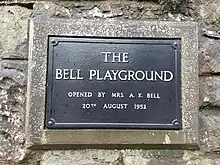 Plaque at the Bell Playground, in Bridgend, Perth, opened by Mrs AK Bell on 20th August 1952.