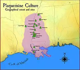 Image 32A map showing the geographical extent of the Plaquemine cultural period and some of its major sites. (from History of Louisiana)