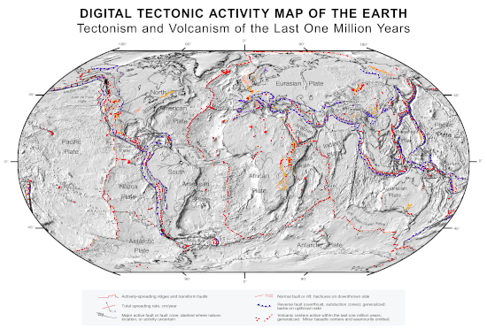 Image 1A plate tectonics map with volcano locations indicated with red circles