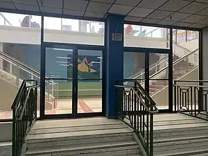 Entrance to exterior fountain, and food court at the mall in 2021.