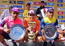 Tour Colombia final podium, from left-to-right:Daniel Martínez, Sergio Higuita, and Jonathan Caicedo