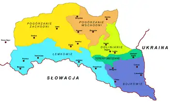 Highlander groups of westernmost Ukraine, Lemkos in blue.