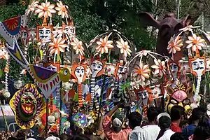 Image 52Pohela Baishakh, is the first day of the Bengali calendar, celebrated in both Bangladesh and Bengali communities across India. The most colourful New Year's Day festival takes place in Dhaka, as the students and teachers of Institute of Fine Arts, University of Dhaka take out a colourful procession and parade round the campus. This image shows a glimpse of the parade.Photo Credit: Niloy