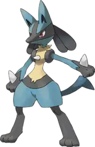 A bipedal blue and black jackal with tan fur on its torso. It has a spike on its chest(When hugged will poke through your heart), and on the end of its two arms(Which it uses to fire of steel moves). Similar to Kicks from the animal crossing series.