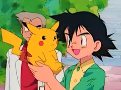 Ash Ketchum with his newly received Pokémon, Pikachu. Professor Oak is seen in the background.