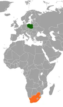 Map indicating locations of Poland and South Africa