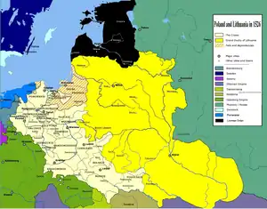 Map of Poland and Lithuania around 1526, with visible Polish–Lithuanian border