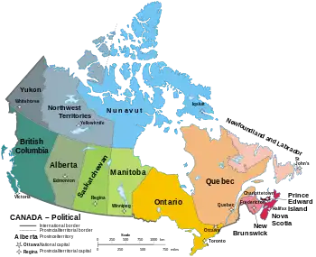 A map of Canada showing its 10 provinces and 3 territories