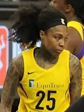 Waist high portrait of young woman with tattoos on her arms wearing yellow basketball uniform with lot of dark hair swept up into a high ponytail