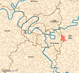 Location (in red) within Paris inner and outer suburbs