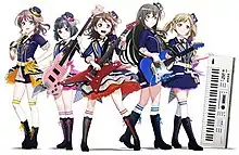 Poppin'Party in a promotional artwork for BanG Dream!'s second season. From left to right: Sāya, Rimi, Kasumi, Tae, Arisa