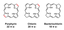 Line diagram of porphyrin, chlorin and bacteriochlorin