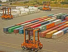 Straddle carriers at the Port of Copenhagen, Denmark.