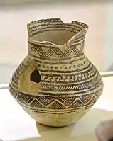 Jar decorated with diverse geometric patterns; 4900–4300 BC; ceramic; by Halaf culture; Erbil Civilization Museum (Erbil, Iraq)