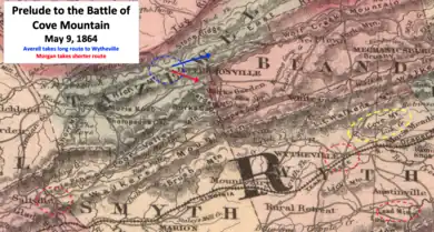 map showing Morgan's short route and Averell's long mountainous route to Wytheville