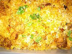 The prepared biryani after garnishing and dum