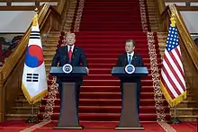 Presidents Donald Trump and Moon Jae-in inside the Blue House in June 2019