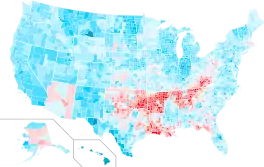 Change in vote margins at the county level from the 2004 election to the 2008 election. Obama made dramatic gains in every region of the country except for Arizona (McCain's home state), Alaska (Palin's home state), Appalachia, and the inner South, where McCain improved over Bush.