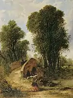 oil painting of cattle and old bridge