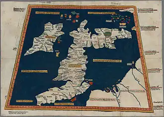 Prima Europe tabula One of the earliest surviving copies of Ptolemy's 2nd-century map of Great Britain and Ireland. 2nd edition, 1482.