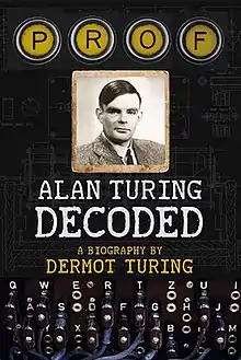 "PROF" in typewriter keys is written above a photograph of Alan Turing. Text reads "Alan Turing Decoded A Biography by Dermot Turing" and a typewriter is depicted below.