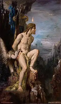 Image 4Prometheus (1868) by Gustave Moreau. In the mythos of Hesiodus and possibly Aeschylus (the Greek trilogy Prometheus Bound, Prometheus Unbound and Prometheus Pyrphoros), Prometheus is bound and tortured for giving fire to humanity. (from Myth)