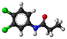 Ball and stick rendition of the propanil molecule