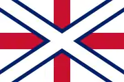 Another early proposal for the Union Jack, consisting of a white St Andrew's saltire with blue fimbriation superimposed over a red St George's cross on a field of white.