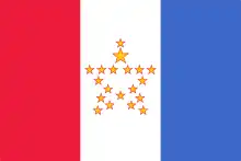 A red, white, and blue tricolor in which the central white field is emblazoned with a star composed of 19 smaller gold stars