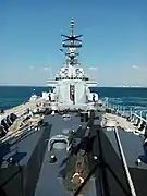 Bow view of the forward main guns of Francesco Mimbelli on 14 September 2019.