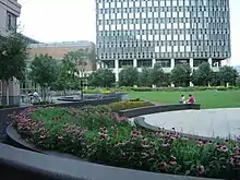 Publicly-accessible outdoors roofdeck garden at base of the Prudential Tower