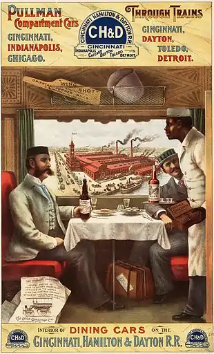 Image 26Lithograph advertisement for the CH&D Railway showing the interior of a Pullman dining car, 1894, with a Pullman porter serving two men at a table.Image credit: Strobridge & Co. (lithographers), Library of Congress (digital file), Mu (upload) (from Portal:Illinois/Selected picture)