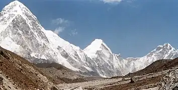 The 2015 Everest avalanche is reported to have started between Pumori (Left) and Lingtren (middle peak) Khumbutse to the right.