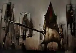 A screenshot of a painting featured in a video game; a pale-skinned, spear-wielding and muscular monster, with a bloodstained and rusty triangular head, stands in the center, surrounded by caged humanoids.