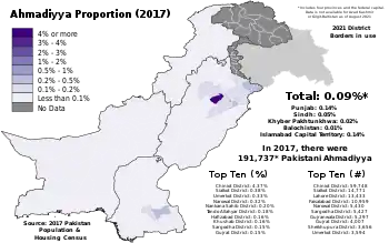 Ahmadiyya Muslim proportion of each Pakistani District of each Pakistani District as of the 2017 Pakistan Census